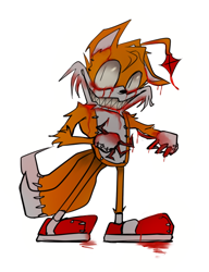 Size: 440x572 | Tagged: safe, artist:_wenny_lee_, tails doll, 2021, bleeding, bleeding from eyes, blood, blood stain, creepy, creepy smile, floppy ear, looking at viewer, shrunken pupils, simple background, solo, standing, white background