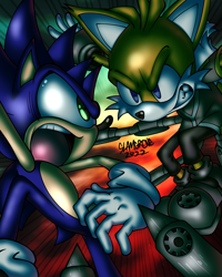Size: 2240x2800 | Tagged: safe, artist:slamgrene, miles "tails" prower, nine, sonic the hedgehog, sonic prime, 2022, abstract background, duo, fight, looking at each other, signature