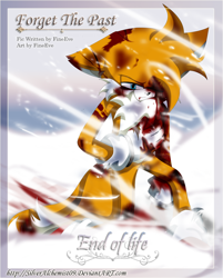 Size: 1024x1275 | Tagged: semi-grimdark, artist:silveralchemist09, miles "tails" prower, fanfic:forget the past, 2010, abstract background, bleeding, bleeding from mouth, blood, blood stain, chipped ear, english text, fanfiction art, floppy ears, frown, hair over one eye, holding stomach, imminent death, injured, older, sleet (weather), snow, wound