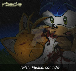 Size: 600x559 | Tagged: semi-grimdark, artist:silveralchemist09, miles "tails" prower, sonic the hedgehog, fanfic:the tails ghost, 2010, abstract background, blood, blood splatter, crying, death, dialogue, duo, english text, eyes closed, fanfiction art, holding them, injured, looking at them, nighttime, outdoors, rain, sad, tears, tears of sadness