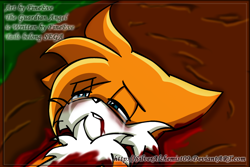 Size: 930x623 | Tagged: semi-grimdark, artist:silveralchemist09, miles "tails" prower, fanfic:the guardian angel, abstract background, bleeding, bleeding from mouth, blood, clenched teeth, crying, english text, eye clipping through hair, fanfiction art, floppy ears, hair over one eye, imminent death, lidded eyes, lying down, older, outdoors, tears