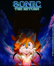 Size: 900x1095 | Tagged: safe, artist:silveralchemist09, miles "tails" prower, fanfic:sonic the return, 2022, abstract background, blood, clenched teeth, duo, english text, fanfiction art, frown, hands on another's shoulders, older, self paradox, shadowed face, standing