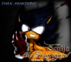 Size: 900x776 | Tagged: semi-grimdark, artist:silveralchemist09, miles "tails" prower, sonic the hedgehog, fanfic:the broken angel, 2012, abstract background, blood, blood stain, corpse, dark form, dark sonic, duo, english text, fanfiction art, glowing eyes, older, smile, solo focus