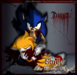 Size: 1005x978 | Tagged: semi-grimdark, artist:silveralchemist09, miles "tails" prower, sonic the hedgehog, fanfic:the broken angel, 2010, abstract background, bleeding, blood, corpse, crying, death, english text, eyes closed, fanfiction art, floppy ears, frown, holding them, kneeling, tears, tears of anger
