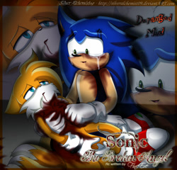 Size: 900x863 | Tagged: semi-grimdark, artist:silveralchemist09, miles "tails" prower, sonic the hedgehog, fanfic:the broken angel, 2010, abstract background, bleeding, bleeding from mouth, blood, blood stain, denial, echo background, english text, fanfiction art, floppy ears, holding them, imminent death, injured, lidded eyes, looking at each other, older