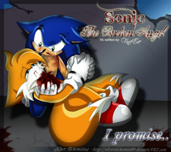 Size: 1024x912 | Tagged: semi-grimdark, artist:silveralchemist09, miles "tails" prower, sonic the hedgehog, fanfic:the broken angel, 2010, abstract background, bleeding, bleeding from mouth, blood, blood stain, crying, duo, english text, fanfiction art, floppy ears, holding hands, holding them, imminent death, injured, kneeling, lidded eyes, looking at each other, older, sad, tears, tears of sadness