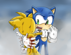 Size: 1235x951 | Tagged: semi-grimdark, artist:unichrome-uni, miles "tails" prower, sonic the hedgehog, 2013, abstract background, bleeding, blood, blood stain, holding them, injured, looking at them, scratch (injury), standing