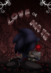 Size: 850x1200 | Tagged: safe, artist:unichrome-uni, sonic the hedgehog, 2014, abstract background, back view, english text, flower, holding something, kneeling, rose, solo