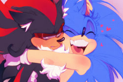 Size: 1200x800 | Tagged: safe, artist:kibamonster, shadow the hedgehog, sonic the hedgehog, 2017, duo, ear fluff, eyes closed, frown, gay, heart, holding them, hugging, looking away, mouth open, shadow x sonic, shipping, smile