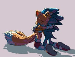 Size: 1943x1462 | Tagged: dead source, safe, artist:lovedeltaa, miles "tails" prower, sonic the hedgehog, comforting, crying, duo, eyes closed, fanfiction art, grey background, hugging, kneeling, sad, shadow (lighting), simple background, sketch, standing, tears, tears of sadness