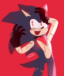 Size: 1540x1828 | Tagged: safe, artist:12neonlit-stage, sonic the hedgehog, sonic forces, alternate universe, black gloves, bleeding, bleeding from mouth, blood, claws, evil, evil sonic, hand on own head, looking at viewer, mouth open, phantom ruby, red background, red eyes, scratch (injury), signature, simple background, sketch, smile, solo, standing, wound