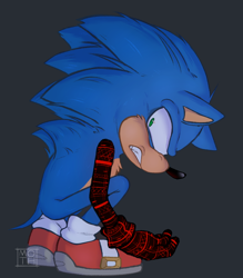 Size: 896x1024 | Tagged: safe, artist:battleaxebunny, sonic the hedgehog, sonic frontiers, 2022, angry, cheek fluff, chest fluff, clenched teeth, corruption, grey background, kneeling, looking back, pain, signature, simple background, solo