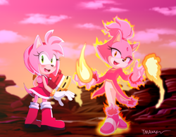 Size: 3507x2731 | Tagged: safe, artist:tyleralexander123, amy rose, blaze the cat, burning blaze, cat, hedgehog, 2021, amy x blaze, amy's halterneck dress, blaze's tailcoat, blushing, cute, female, females only, flames, lesbian, looking at viewer, mouth open, piko piko hammer, shipping, super form