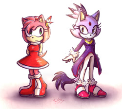 Size: 803x719 | Tagged: safe, artist:ketlike, amy rose, blaze the cat, cat, hedgehog, 2013, amy x blaze, amy's halterneck dress, blaze's tailcoat, cute, female, females only, lesbian, looking at viewer, shipping