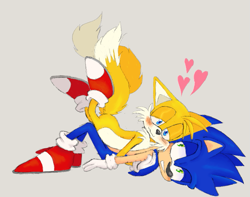 Size: 695x547 | Tagged: safe, artist:chaoparks, miles "tails" prower, sonic the hedgehog, blushing, duo, gay, heart, holding them, lying on side, shipping, simple background, smile, sonic x tails