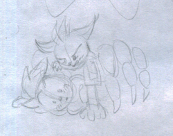 Size: 460x361 | Tagged: safe, artist:moontigerange1, miles "tails" prower, nine, sonic the hedgehog, sonic prime, blushing, duo, frown, gay, line art, looking at them, nine x sonic, pencilwork, pinning them, shipping, sonic x tails, traditional media