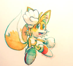 Size: 1858x1681 | Tagged: safe, artist:studioboner, miles "tails" prower, clenched fists, mouth open, smile, solo, traditional media, watercolor