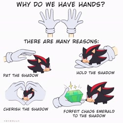 Size: 2048x2048 | Tagged: safe, artist:nenemyun, shadow the hedgehog, chaos emerald, cute, english text, frown, grey background, hands, heart hands, holding something, holding them, petting, shadowbetes, simple background, smile, solo, sparkles