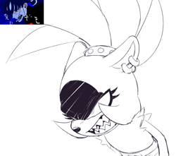Size: 1920x1699 | Tagged: safe, artist:gh0stfl0wer, surge the tenrec, angry, black and white, floppy ears, looking offscreen, mouth open, reference inset, sharp teeth, simple background, solo, white background