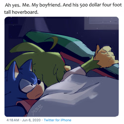 Size: 2048x2048 | Tagged: safe, artist:yu33_pm, jet the hawk, sonic the hedgehog, abstract background, ah yes. me. my girlfriend, bed, duo, english text, extreme gear, frown, gay, holding something, indoors, lidded eyes, meme, shipping, signature, sonjet, twitter