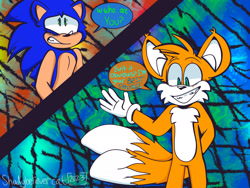 Size: 2048x1536 | Tagged: safe, artist:shadybelievercat, miles "tails" prower, sonic the hedgehog, abstract background, alternate universe, clenched teeth, dialogue, duo, english text, evil, evil tails, eye twitch, frown, hand behind back, scar, scared, signature, smile, speech bubble, standing