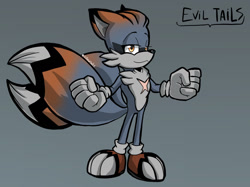 Size: 1442x1080 | Tagged: safe, artist:villaintails, miles "tails" prower, super tails, alternate super form, alternate universe, au:kitsune tails, blue background, character name, clenched fists, english text, evil, evil tails, kitsune, lidded eyes, scar, signature, simple background, smile, solo, standing, super form