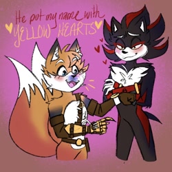 Size: 1024x1024 | Tagged: safe, artist:iam-allofme, miles "tails" prower, shadow the hedgehog, abstract background, arms folded, blushing, dialogue, duo, english text, gay, heart, prosthetic, shadails, shipping, singing, song lyrics, sonic boom (tv), standing, yellow hearts (song)