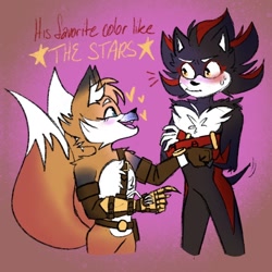 Size: 1024x1024 | Tagged: safe, artist:iam-allofme, miles "tails" prower, shadow the hedgehog, abstract background, arms folded, blushing, dialogue, duo, english text, gay, heart, looking at each other, prosthetic, shadails, shipping, singing, song lyrics, sonic boom (tv), standing, surprised, sweatdrop, yellow hearts (song)