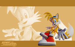 Size: 2048x1280 | Tagged: safe, artist:sonicridersrevo, miles "tails" prower, 3d, abstract background, echo background, fangame, looking at viewer, smile, solo, sonic riders, sonic riders evo, wallpaper