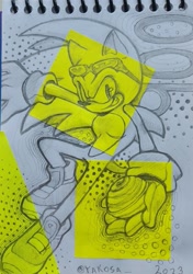 Size: 1439x2048 | Tagged: safe, artist:takosa, sonic the hedgehog, 2023, holding something, looking at viewer, pencilwork, signature, smile, solo, sonic riders, top surgery scars, traditional media, trans male, transgender