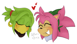 Size: 1007x579 | Tagged: safe, artist:splattbleach, amy rose, tekno the canary, 2023, blushing, duo, eyes closed, fleetway amy, head only, heart, lesbian, shipping, simple background, smile, teknamy, white background