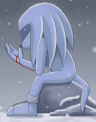 Size: 1342x1700 | Tagged: safe, artist:fire-for-battle, knuckles the echidna, abstract background, bleeding, blood, gloves off, injured, outdoors, pain, rock, sad, shadowed face, sitting, snow, solo, wound