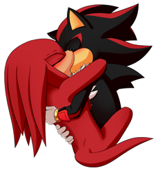 Size: 1300x1400 | Tagged: safe, artist:fire-for-battle, knuckles the echidna, shadow the hedgehog, 2020, blushing, duo, eyes closed, gay, holding each other, kiss, knuxadow, shipping, simple background, sitting, white background