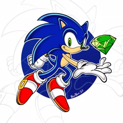 Size: 2048x2048 | Tagged: safe, artist:blueblur_37, sonic the hedgehog, sonic superstars, 2023, chaos emerald, echo background, holding something, looking at viewer, redraw, smile, solo, uekawa style