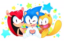Size: 2048x1326 | Tagged: safe, artist:deltahead, mighty the armadillo, ray the flying squirrel, sonic the hedgehog, 2023, cute, heart hands, holding each other, looking at viewer, mightabetes, rayabetes, simple background, smile, sonabetes, standing, star (symbol), trio, white background, wink