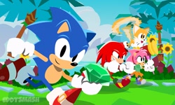 Size: 2048x1229 | Tagged: safe, artist:eddysmash2407, amy rose, knuckles the echidna, miles "tails" prower, sonic the hedgehog, sonic superstars, 2023, abstract background, chaos emerald, classic amy, classic knuckles, classic sonic, classic tails, clouds, flying, frown, group, holding something, lineless, looking ahead, looking at viewer, no outlines, palm tree, piko piko hammer, redraw, running, smile, spinning tails, sunflower