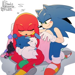 Size: 2000x2000 | Tagged: safe, artist:studiononsense, knuckles the echidna, sonic the hedgehog, chao, 2023, blanket, blushing, character chao, cute, dark chao, gay, group, hero chao, holding something, holding them, knuxonic, lidded eyes, looking at them, shipping, signature, simple background, sitting, sleeping, smile, sonic chao, white background, zzz