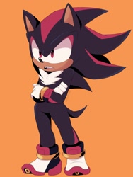 Size: 768x1024 | Tagged: safe, artist:jingleding0, shadow the hedgehog, 2023, arms folded, looking ahead, mouth open, orange background, simple background, solo