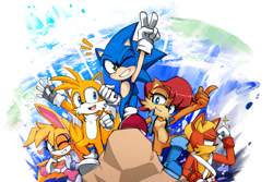 Size: 1800x1200 | Tagged: safe, artist:kakashihata, antoine d'coolette, bunnie rabbot, miles "tails" prower, sally acorn, sonic the hedgehog, sally's vest and boots