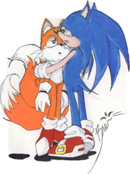 Size: 742x994 | Tagged: safe, artist:animekitty87, miles "tails" prower, sonic the hedgehog, 2004, comforting, crying, duo, hugging, signature, standing, tears, tears of sadness, traditional media