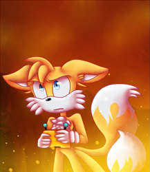 Size: 895x1030 | Tagged: safe, artist:cyan-sky, miles "tails" prower, sonic forces, 2017, abstract background, clenched teeth, fire, floppy ears, frown, holding something, looking ahead, miles electric, solo, speedpaint in description, standing