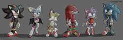 Size: 1280x427 | Tagged: safe, artist:nightmarefelix12, amy rose, knuckles the echidna, miles "tails" prower, rouge the bat, shadow the hedgehog, sonic the hedgehog, 2021, bleeding, blood, commission, fanfiction art, frown, grey background, group, prosthetic, scratch (injury), shadow (lighting), simple background, standing, wound