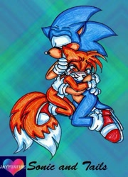 Size: 405x561 | Tagged: safe, artist:jayfoxfire, miles "tails" prower, sonic the hedgehog, 2005, abstract background, character name, comforting, crying, duo, english text, eyes closed, floppy ears, holding each other, hugging, kneeling, sad, tears, tears of sadness, traditional media