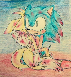 Size: 1680x1832 | Tagged: safe, artist:deardiana15, miles "tails" prower, sonic the hedgehog, 2014, abstract background, blood, blood stain, corpse, crying, death, duo, floppy ears, holding them, kneeling, mouth open, shocked, tears, traditional media