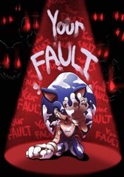 Size: 1200x1700 | Tagged: safe, artist:8-bit-britt, sonic the hedgehog, 2020, clenched teeth, crying, english text, glowing eyes, guilt, hand on ground, kneeling, sad, solo, spotlight, tears