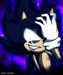 Size: 1024x1205 | Tagged: safe, artist:zavraan, sonic the hedgehog, 2013, abstract background, crying, dark form, dark sonic, deviantart watermark, hand on own face, looking at viewer, shrunken pupils, signature, smile, solo, tears, tears of sadness