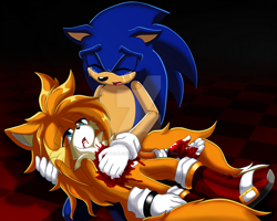 Size: 1024x820 | Tagged: semi-grimdark, artist:silveralchemist09, miles "tails" prower, sonic the hedgehog, fanfic:sonic the return, 2018, bleeding, bleeding from mouth, blood, blood stain, boots, crying, deviantart watermark, duo, eye clipping through hair, eyes closed, holding them, imminent death, injured, lidded eyes, mouth open, obtrusive watermark, older, tears, tears of sadness