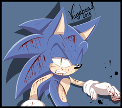 Size: 3000x2666 | Tagged: safe, artist:vagabondwolves, sonic the hedgehog, 2015, bleeding, bleeding from mouth, blood, blood splatter, blue background, border, clenched teeth, crying, injured, one eye closed, scratch (injury), simple background, solo, standing, tears, tears of pain, wound