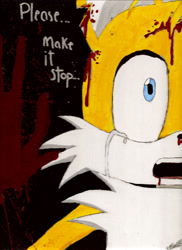 Size: 2618x3600 | Tagged: safe, artist:kawaiikutie778, miles "tails" prower, 2011, abstract background, bleeding, bleeding from mouth, blood, blood splatter, character abuse, crying, dialogue, english text, injured, mouth open, nosebleed, solo, tails abuse, tears, tears of pain