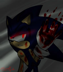 Size: 2650x3000 | Tagged: semi-grimdark, artist:knightnicole, sonic the hedgehog, 2013, bleeding, blood, blood stain, glowing eyes, lidded eyes, red eyes, signature, smearing blood, smile, standing, wound